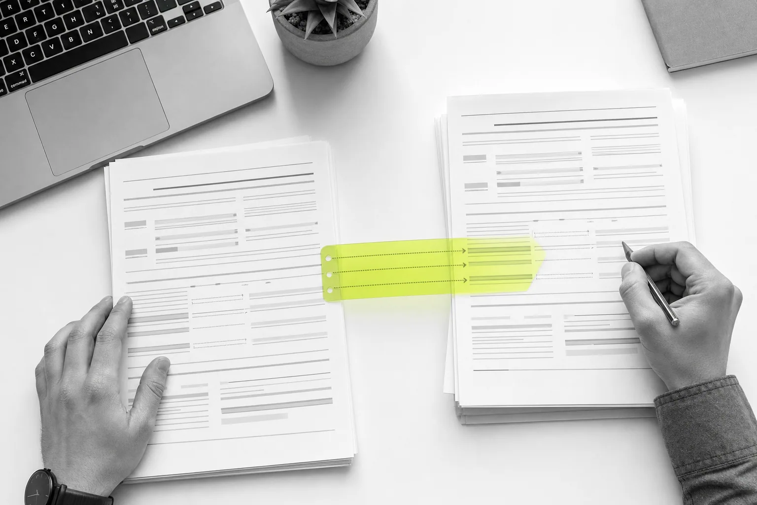 Business forms and a citron ruler illustrating the alignment of data fields
