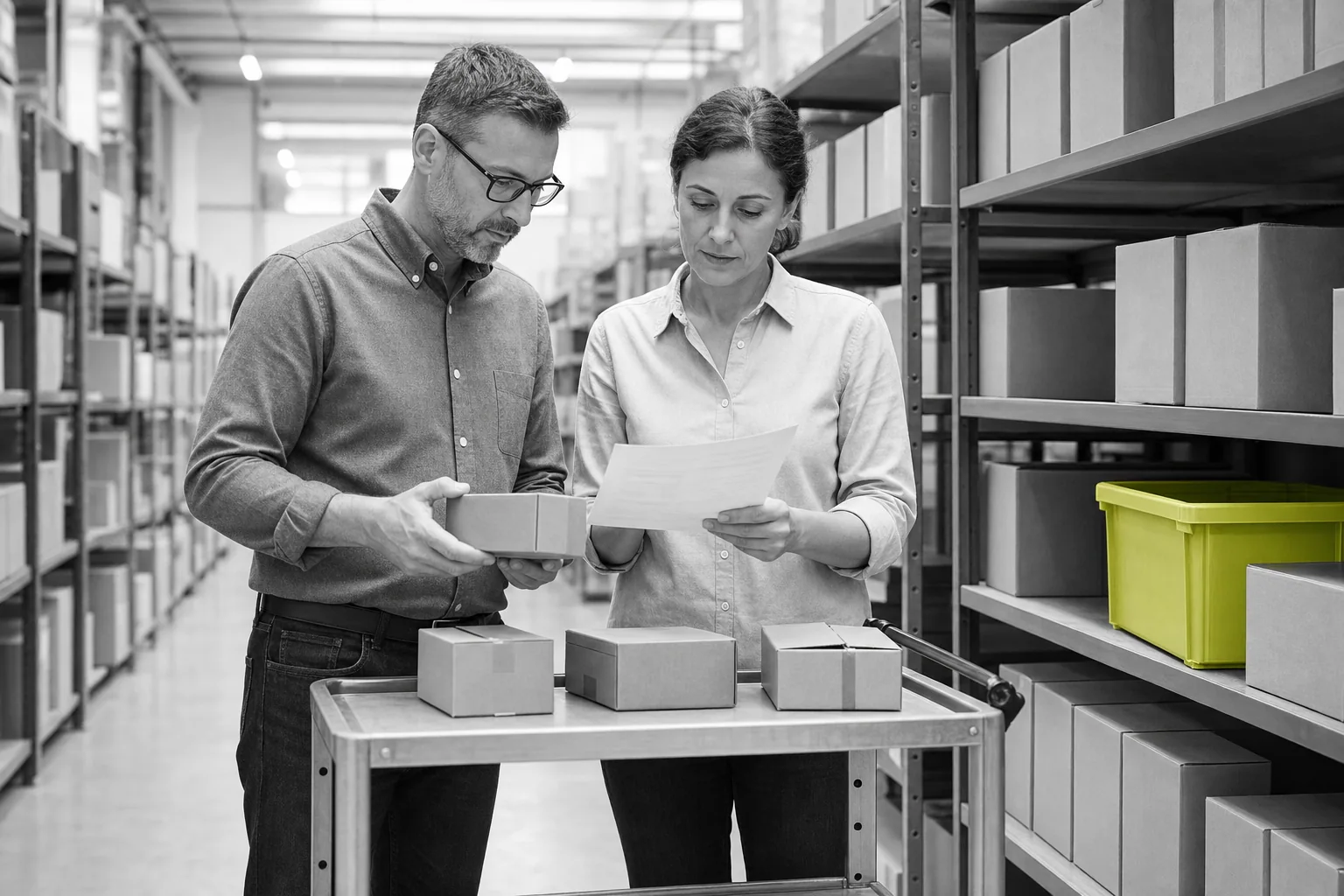 Distribution team reviewing boxed inventory and an order sheet