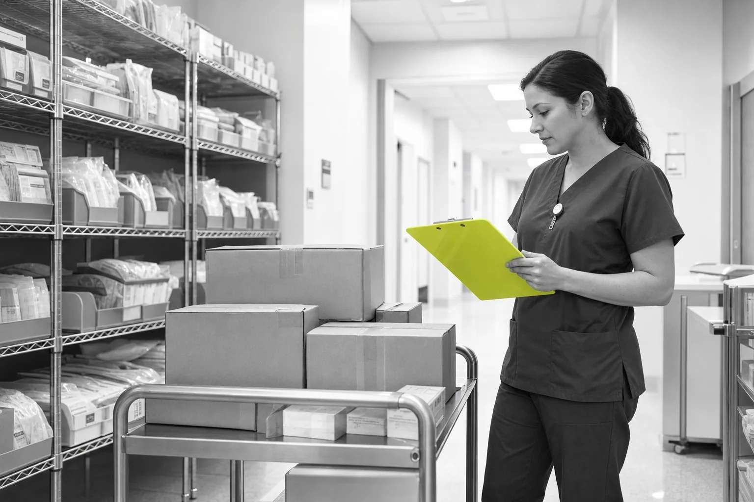 Hospital supply coordinator reviewing delivery cartons in central receiving