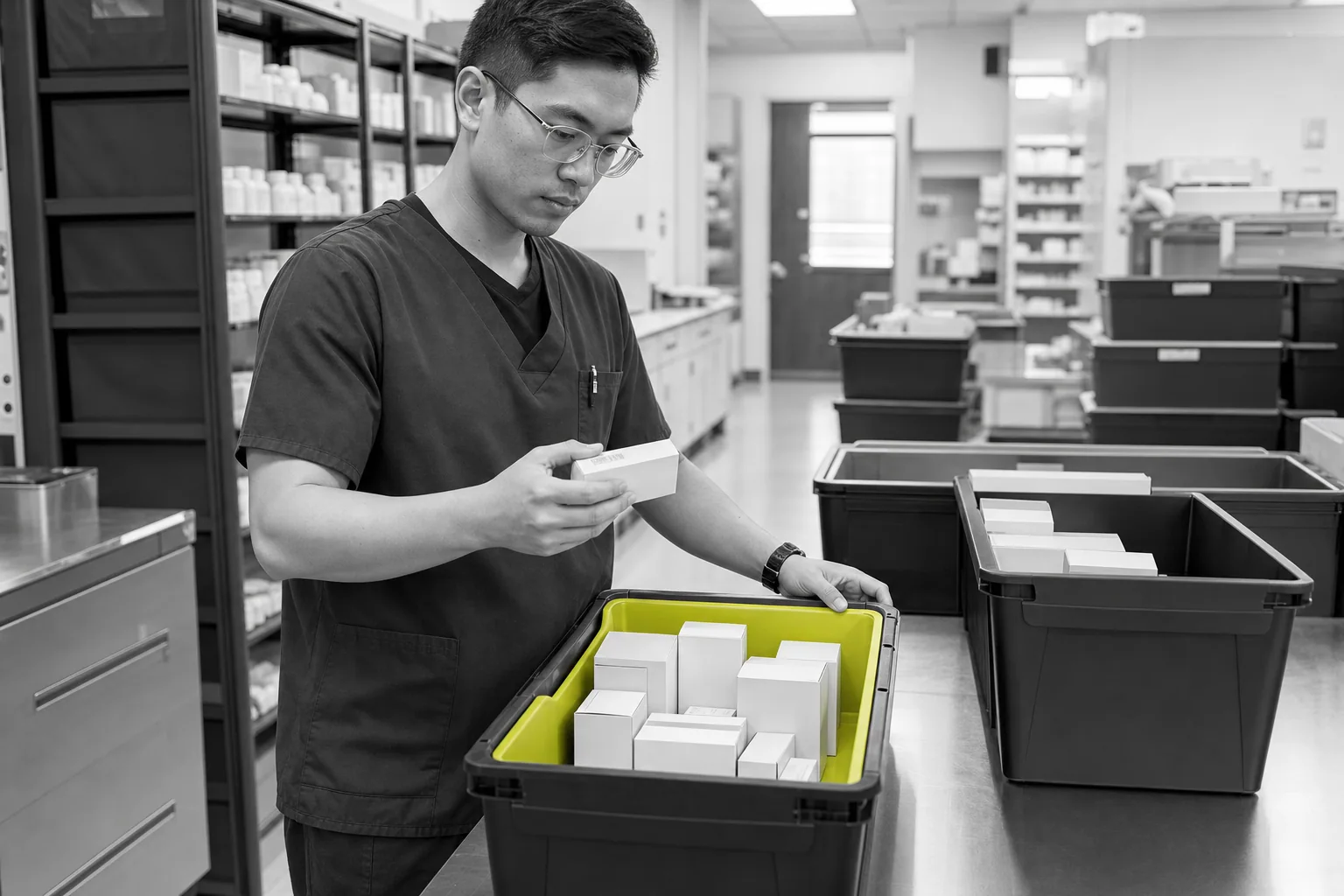 Illustrative hospital pharmacy receiving area