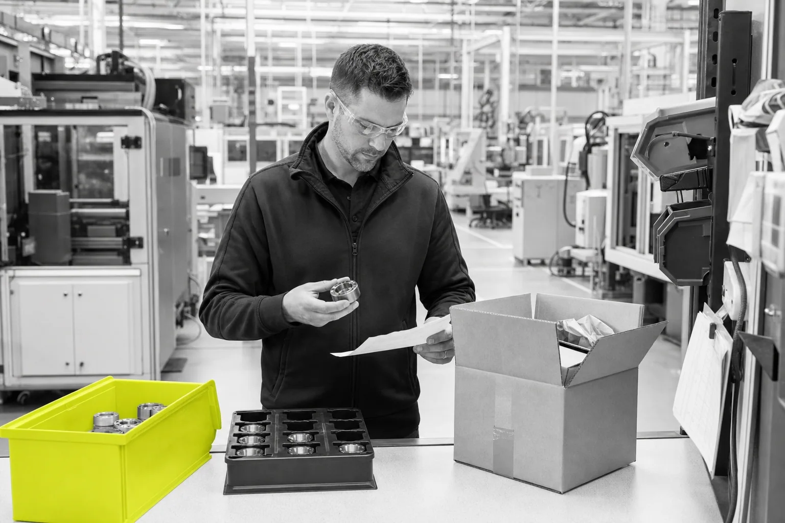 Manufacturing engineer reviewing parts and shipment information