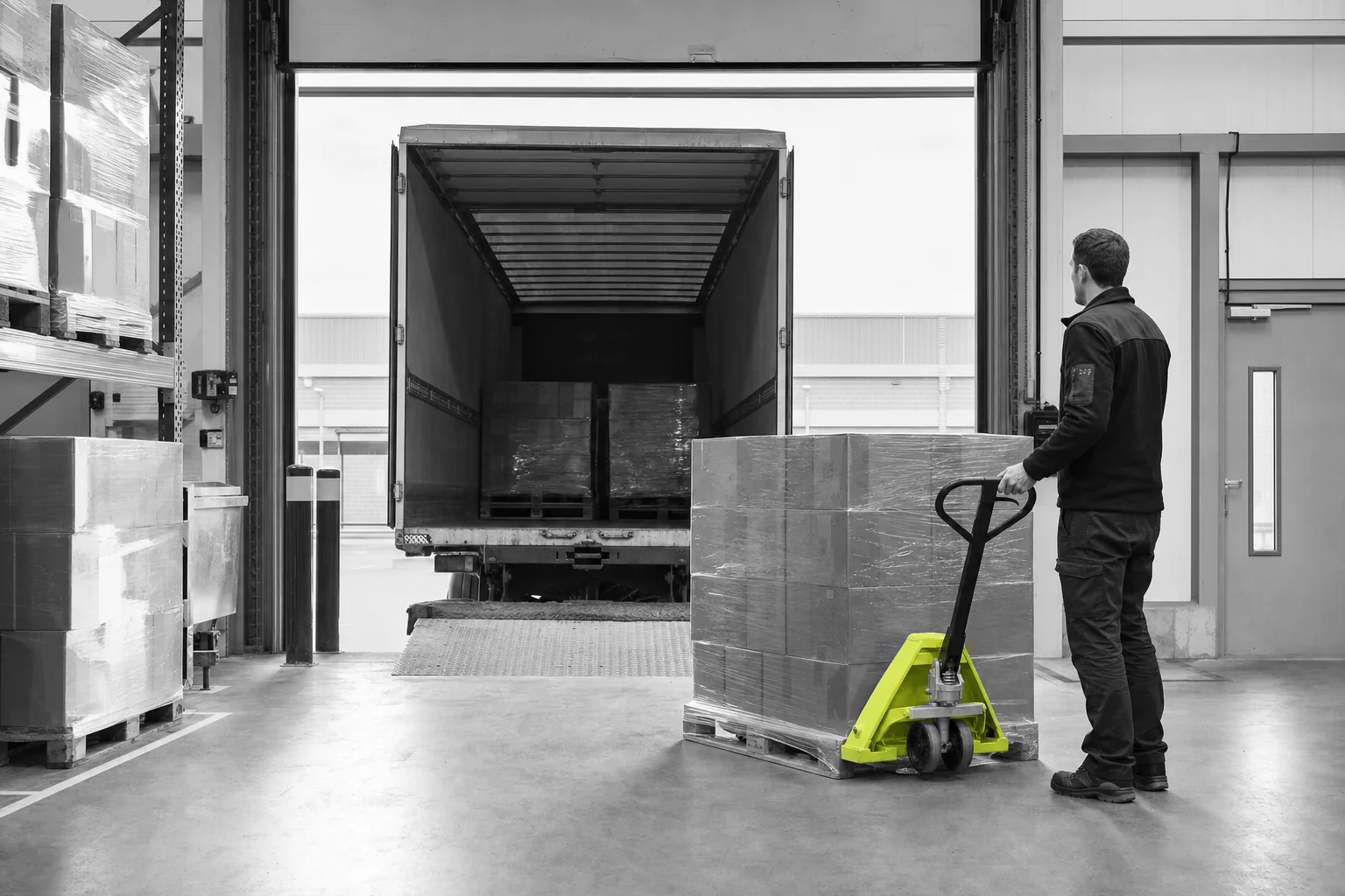 Loading bay with palletized goods and a citron pallet jack