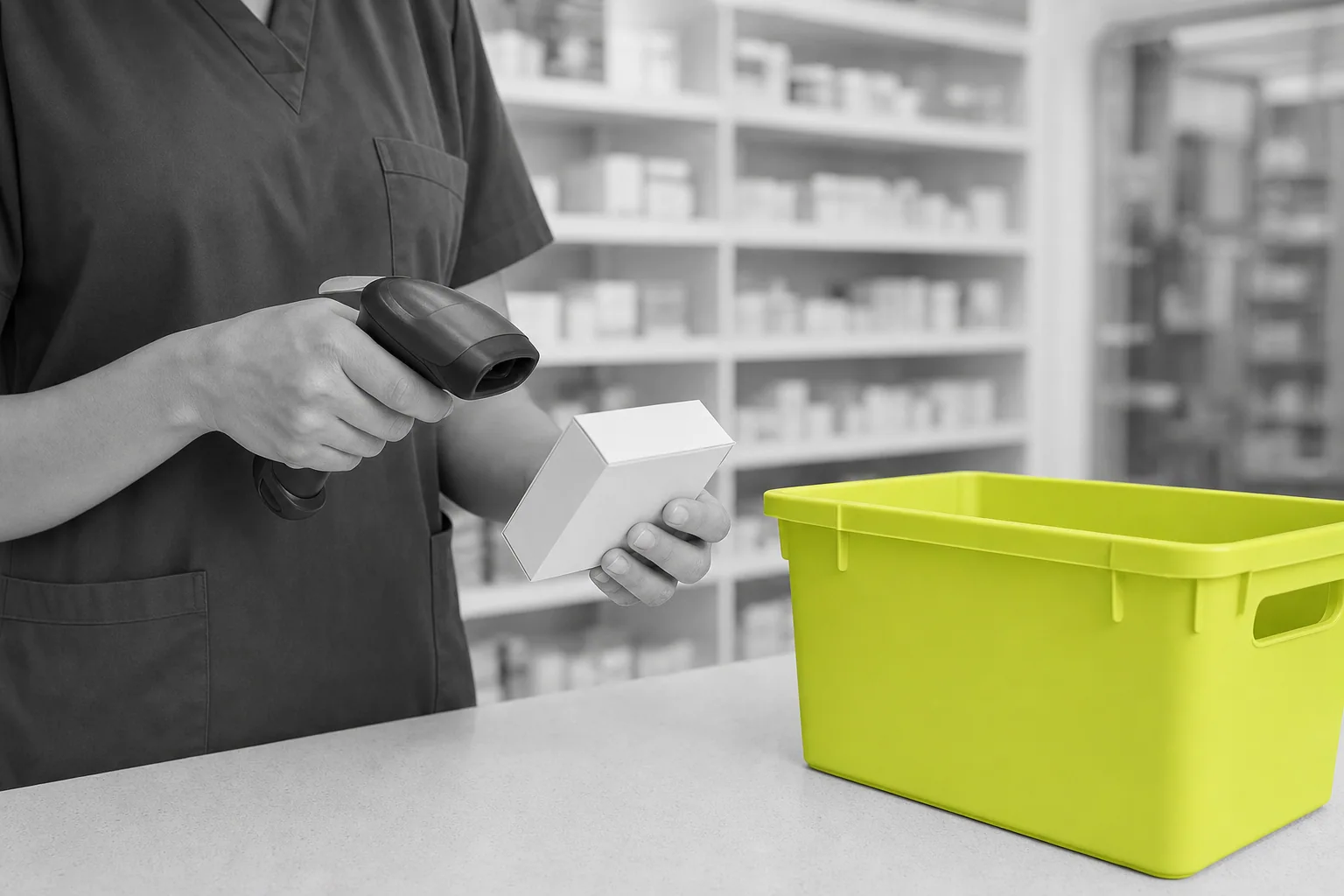 Illustrative pharmacy receiving workflow: scanning a medicine carton