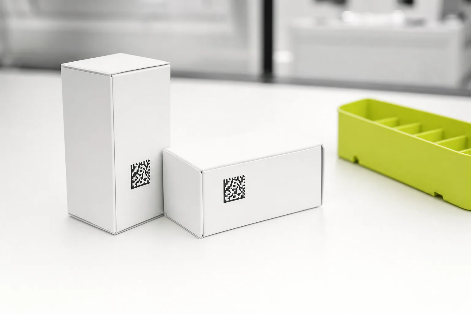 Illustrative medicine cartons with unit-level identification labels and a citron tray