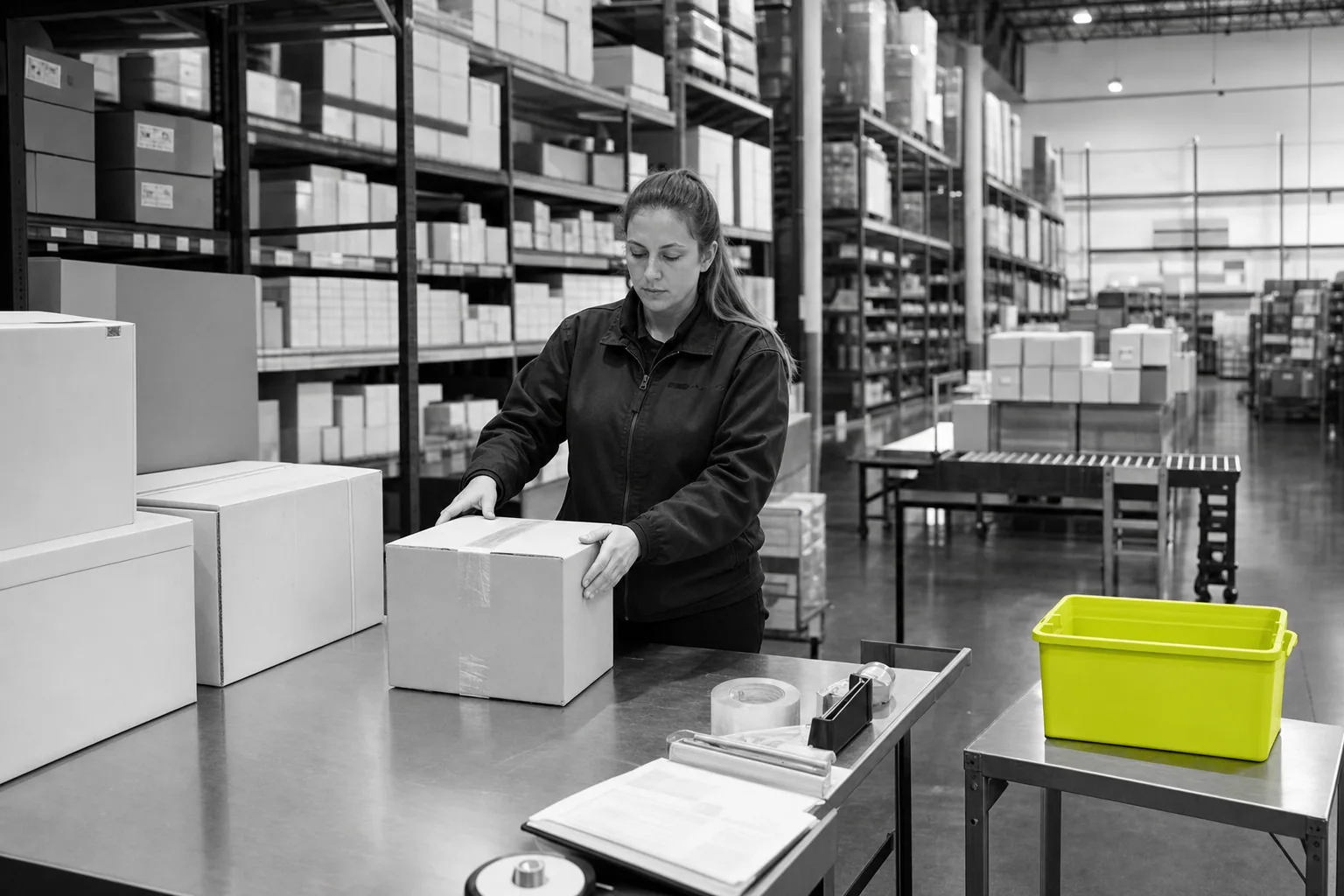 Illustrative pharmaceutical outbound packing station