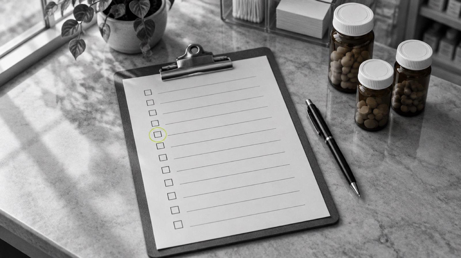 A DSCSA compliance checklist on a clipboard at a pharmacy counter.