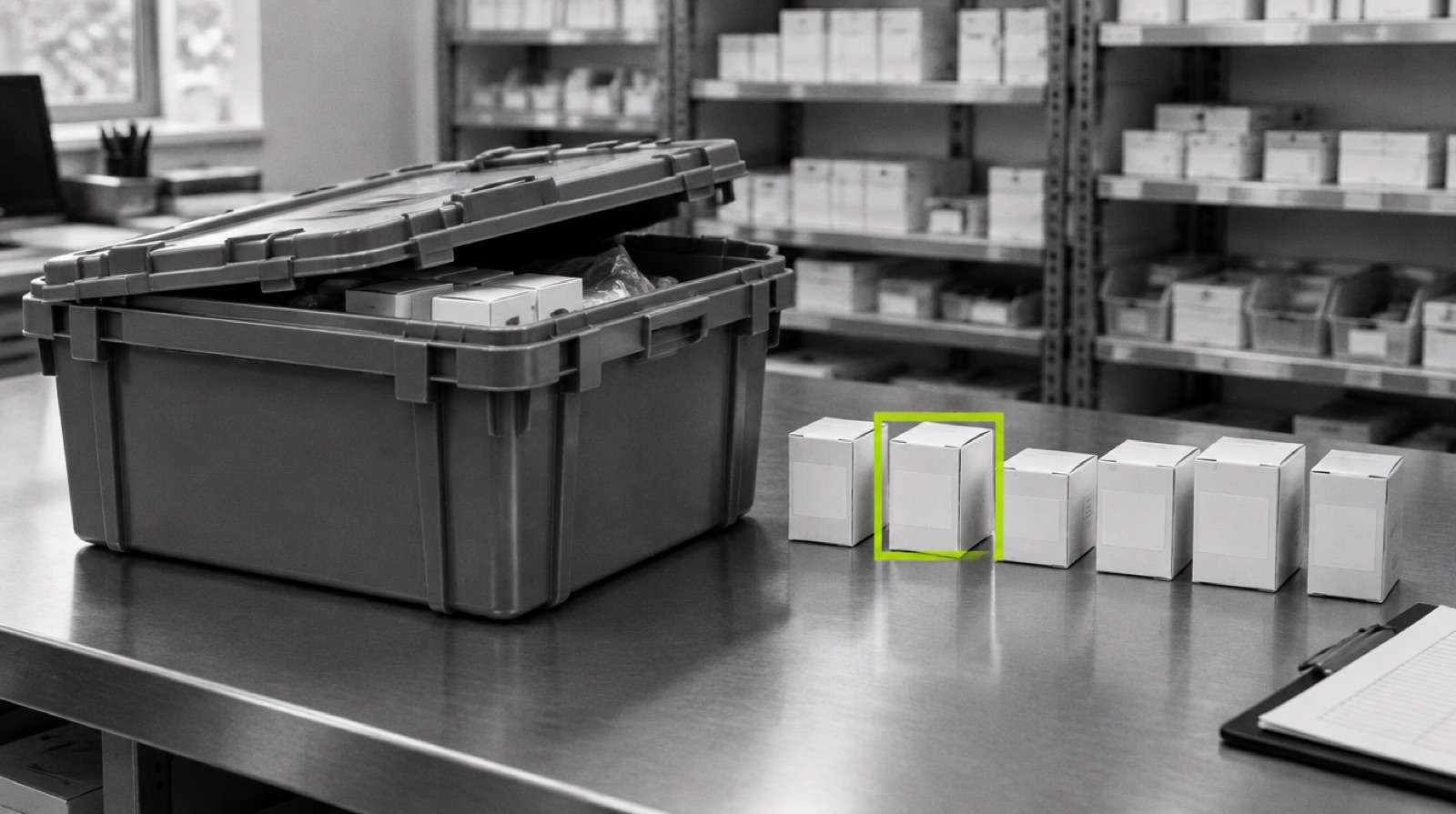 DSCSA pharmacy requirements 2026: a wholesaler tote on a pharmacy receiving bench