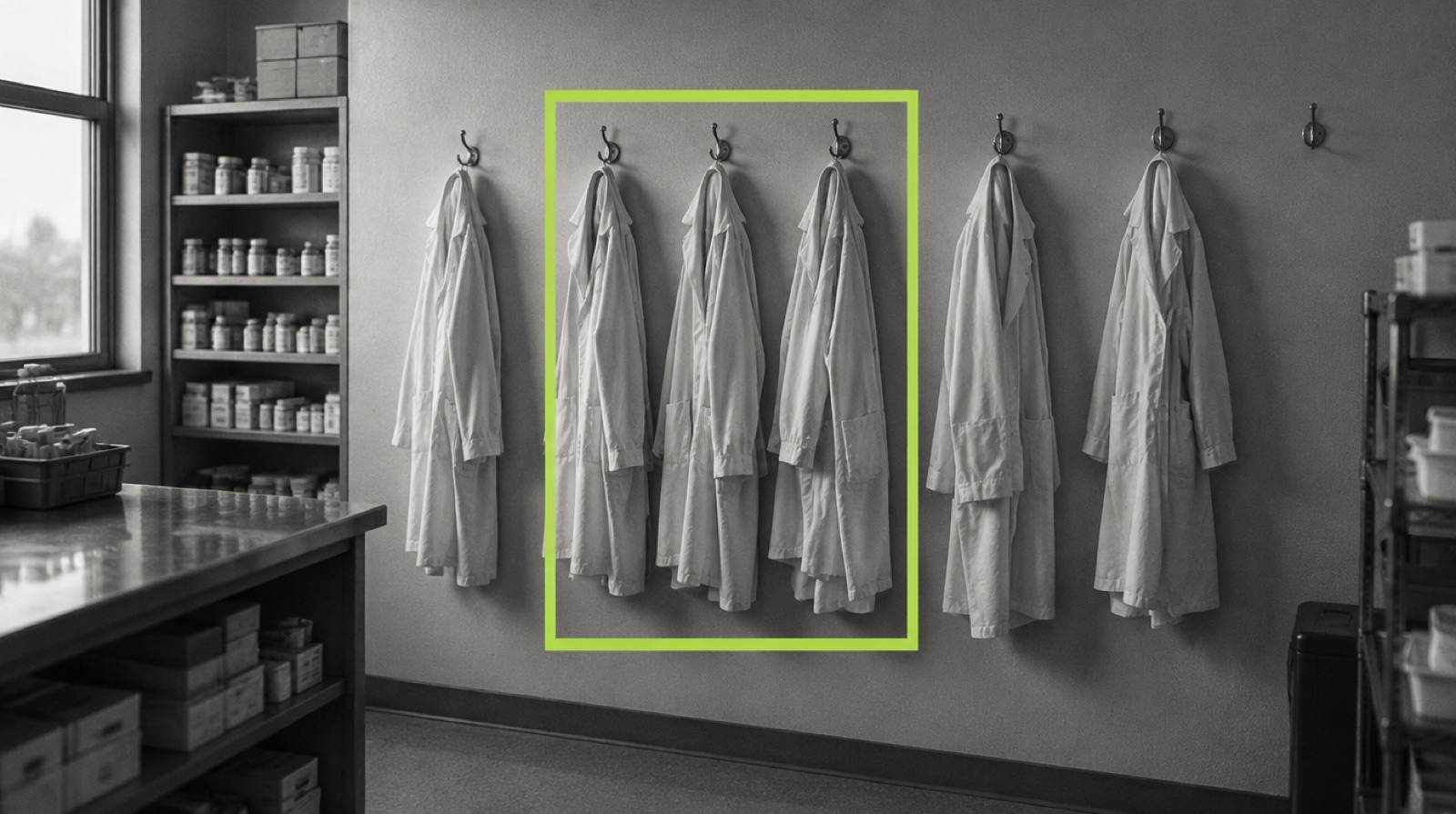 DSCSA small dispenser definition: pharmacy lab coats on hooks