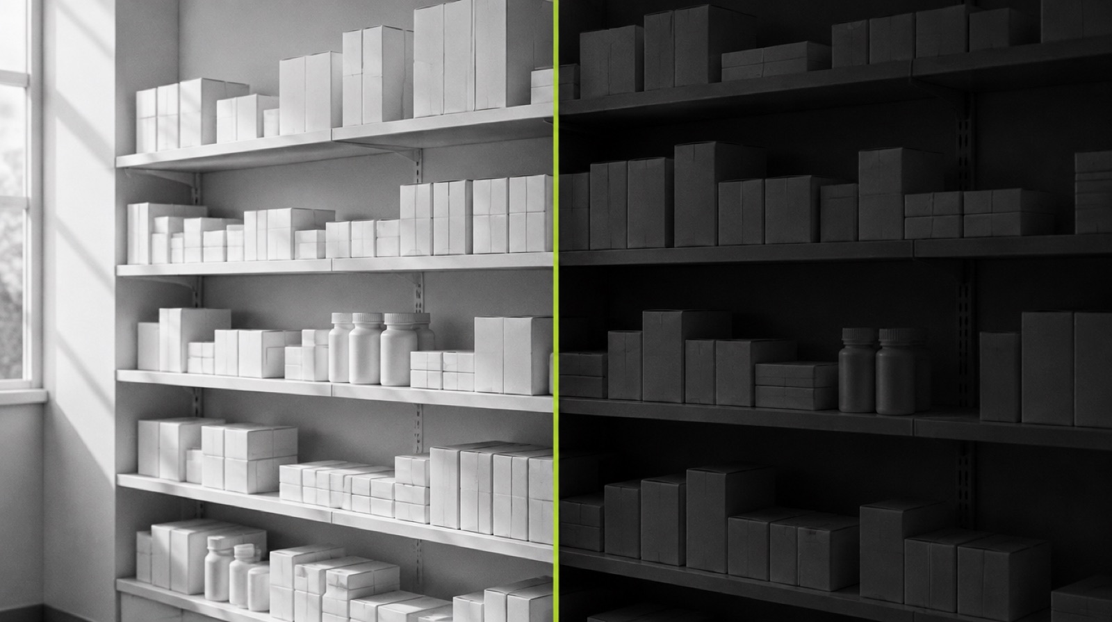DSCSA small dispenser exemption: a pharmacy shelf half in shadow.