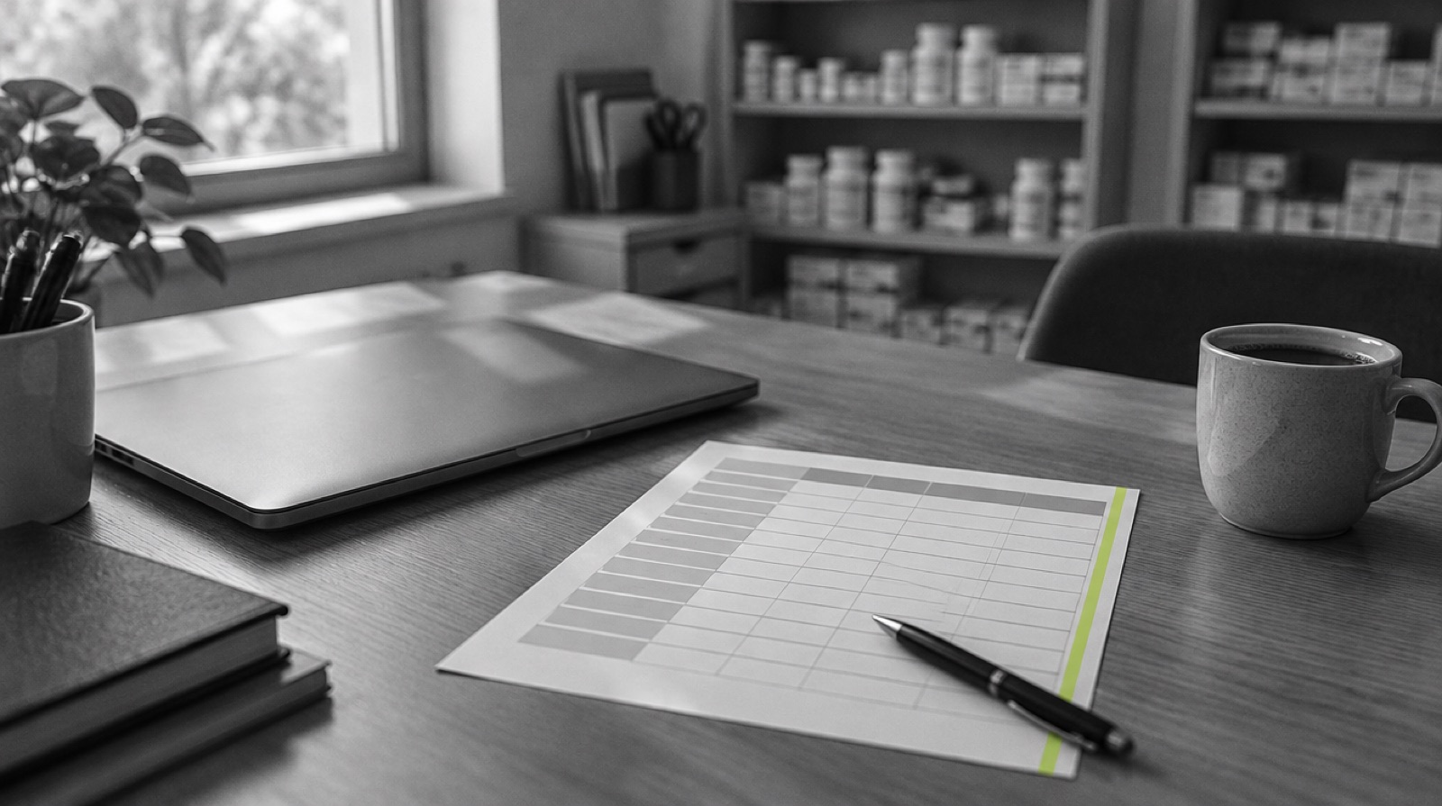 A vendor comparison sheet on a pharmacy desk, used to choose DSCSA software.