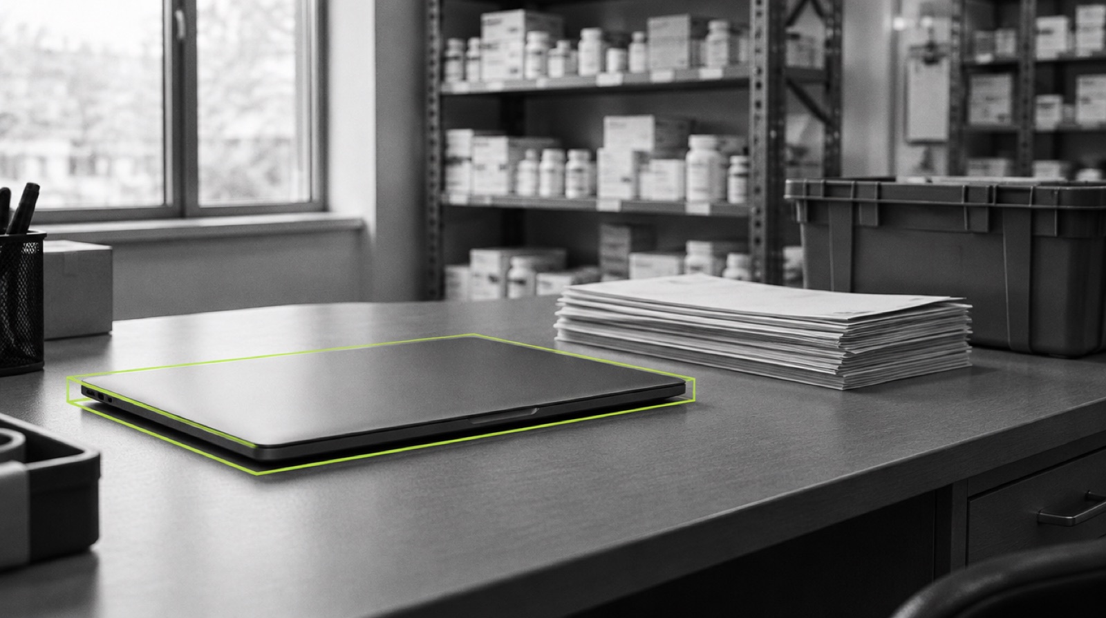 A pharmacy desk with invoices and a laptop used for the DSCSA wholesaler portal.